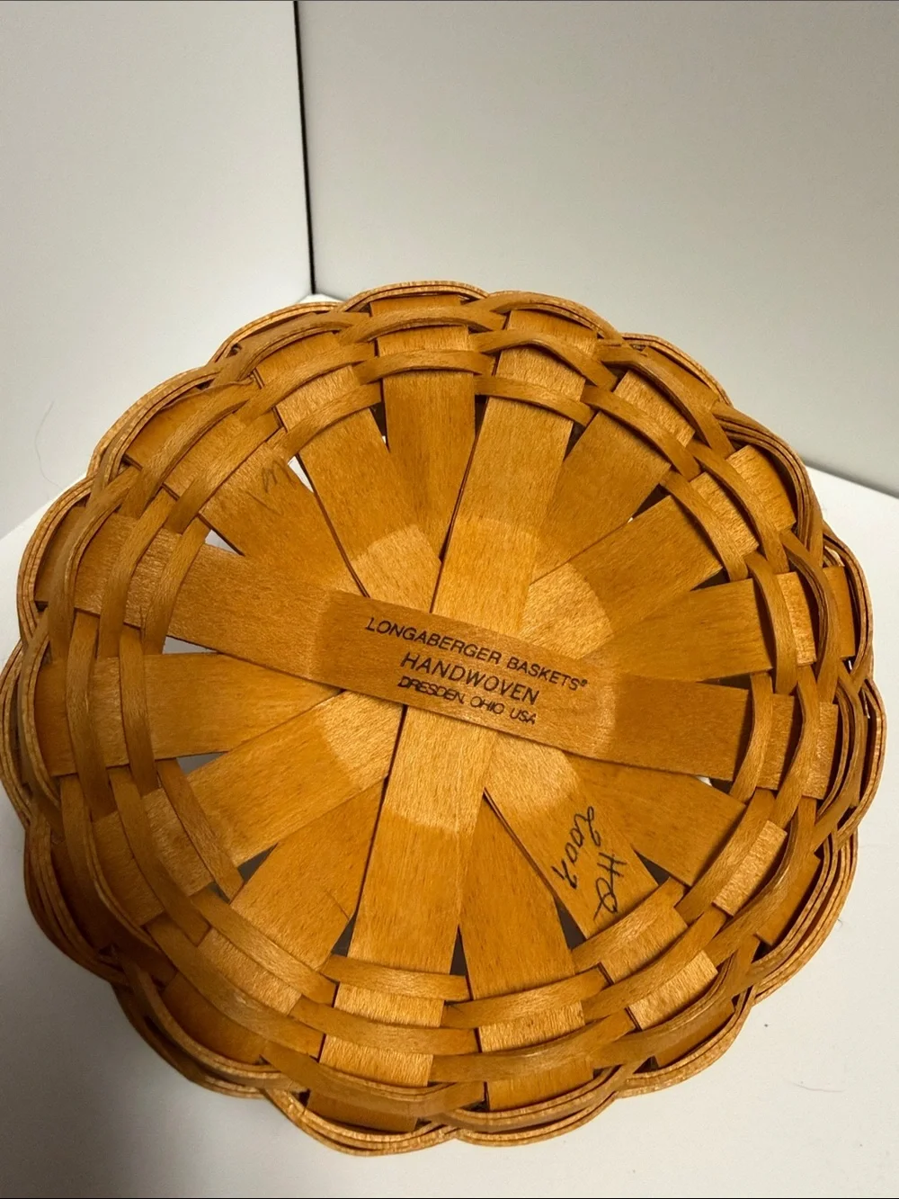 Longaberger Tan-Brown Woven Wood Basket with Leather Handles